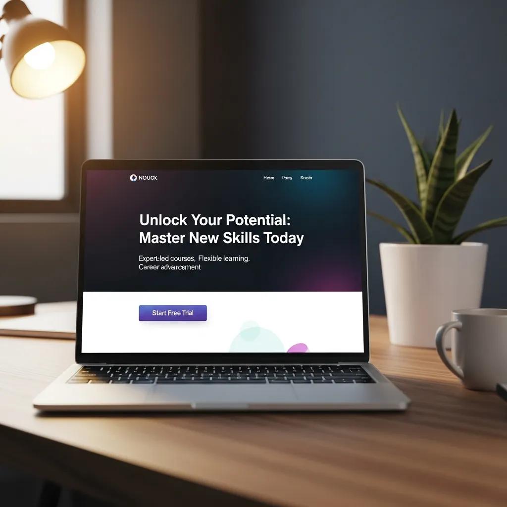 Laptop displaying a high-converting landing page design for an online learning platform, featuring a call-to-action button for a free trial, set in a modern workspace with a warm light and plant.